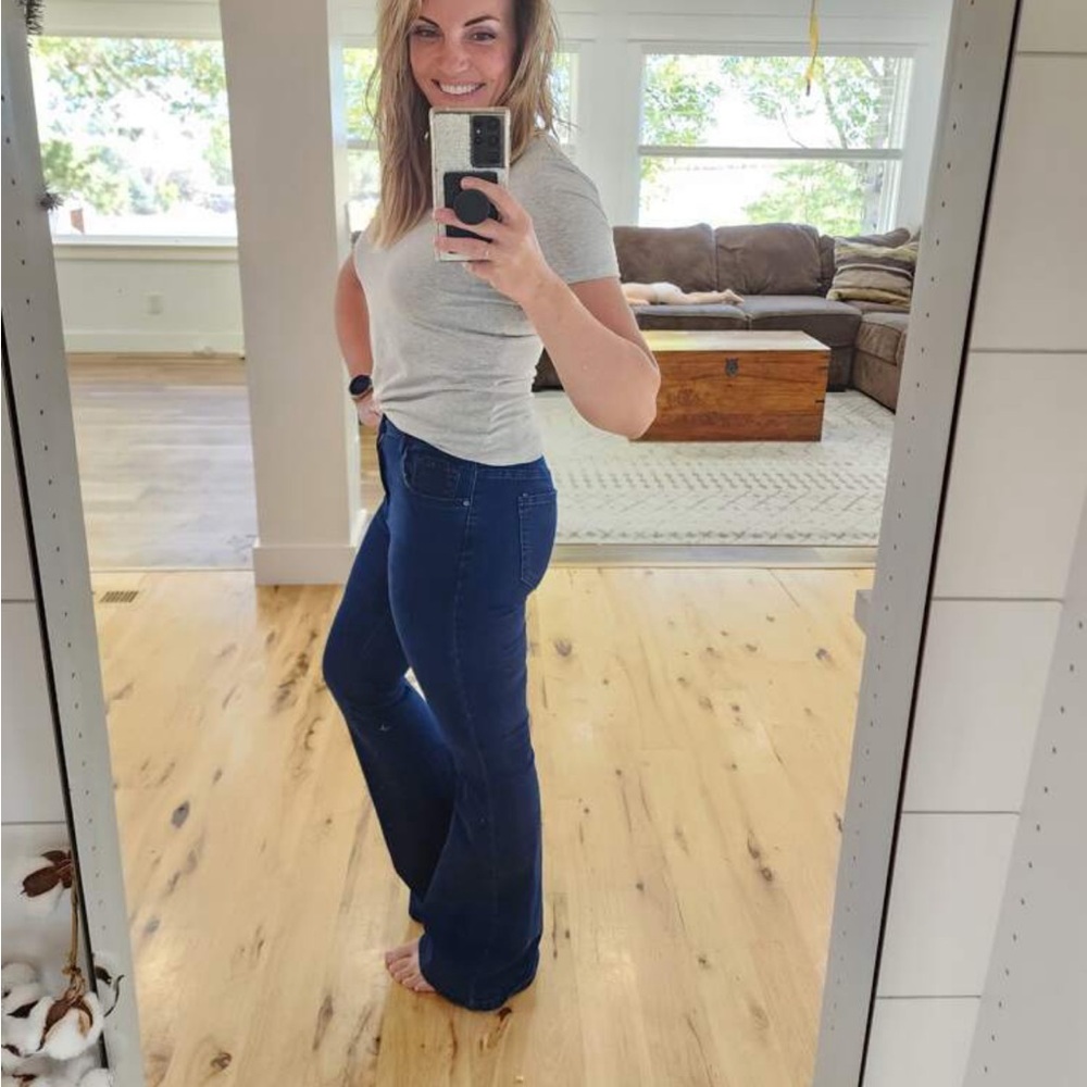 High Waist Flared Dark Wash Blue Denim Jeans Bell Bottom - Picture 9 of 11